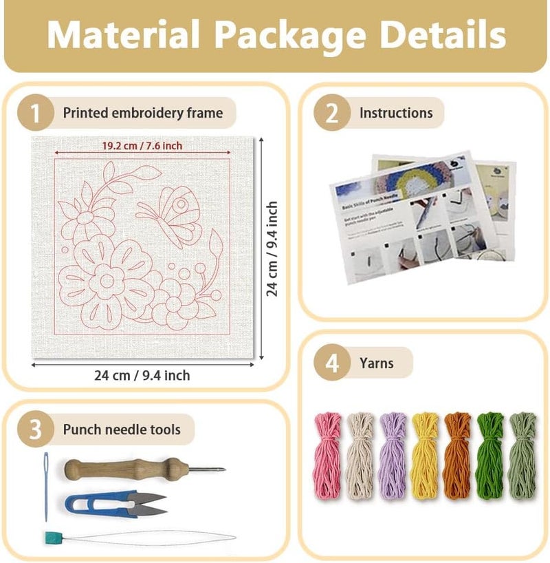 DOODLREAM DIY Punch Needle Embroidery Kit for Adult Beginner, 9.4" Flower and Butterfly Punch Stitching Craft Set for Starter with Frame, Fabric Pattern, Threader, Yarn, Pinch Needle - Image 2